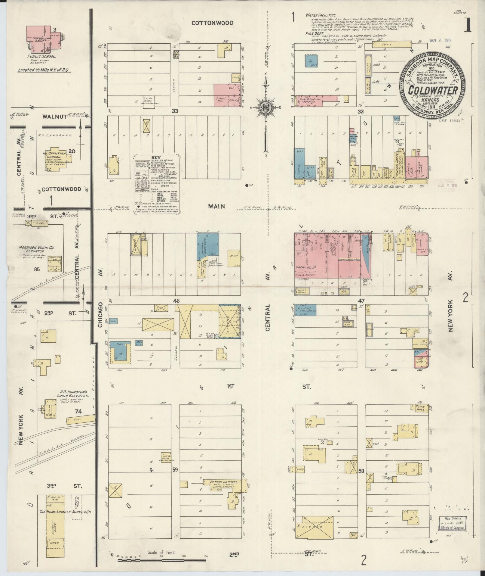Sanborn Fire Insurance Map from Coldwater, Comanche County, Kansas (1911), Sheet #0001 - Complete Map Set gallery image, historic Sanborn map, vintage wall art, Kansas Kansas
