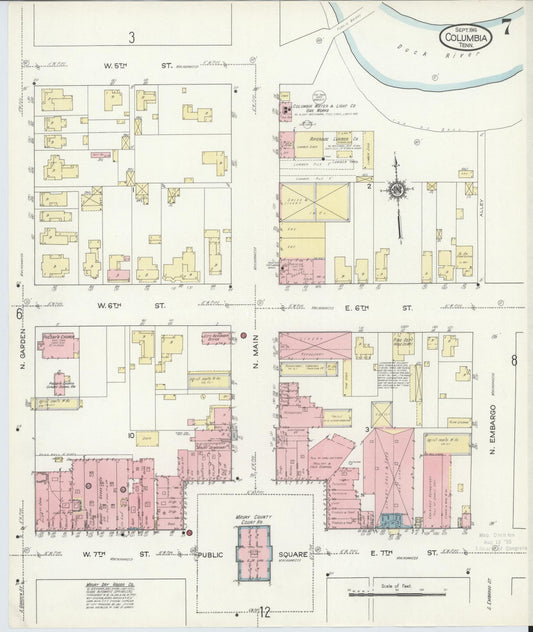 Sanborn Fire Insurance Map from Columbia, Maury County, Tennessee (1914), Sheet #0007 - Historic Sanborn Fire Insurance Map Print, vintage old map wall art, antique decor, genealogy gift, Tennessee Tennessee map