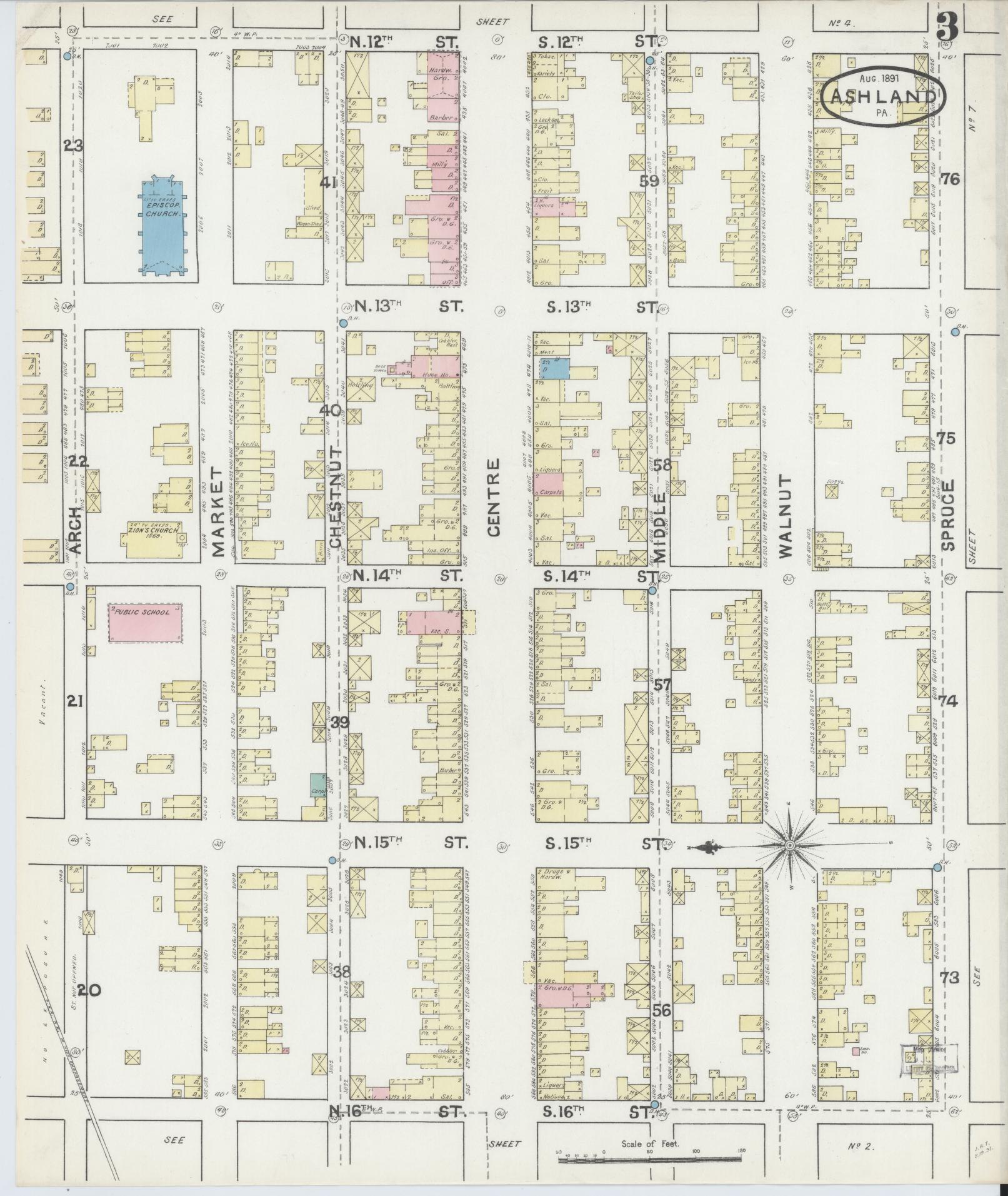 Sanborn Fire Insurance Map from Ashland, Schuylkill County, Pennsylvania (1891), Sheet #0003 - Historic Sanborn Fire Insurance Map Print, vintage old map wall art, antique decor, genealogy gift, Pennsylvania Pennsylvania map