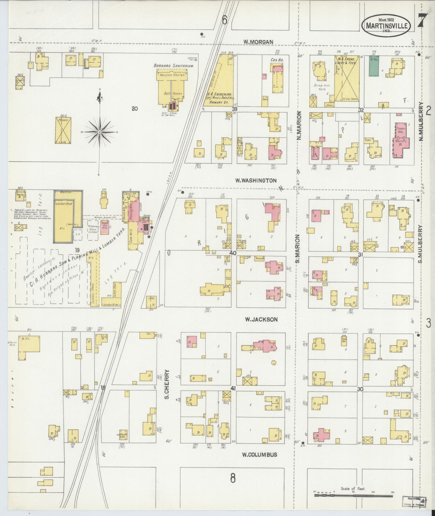 Sanborn Fire Insurance Map from Martinsville, Morgan County, Indiana (1902), Sheet #0007 - Historic Sanborn Fire Insurance Map Print, vintage old map wall art, antique decor, genealogy gift, Indiana Indiana map