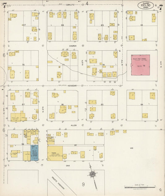 Sanborn Fire Insurance Map from Kelso, Cowlitz County, Washington (1923), Sheet #0007 - Historic Sanborn Fire Insurance Map Print, vintage old map wall art, antique decor, genealogy gift, Washington Washington map