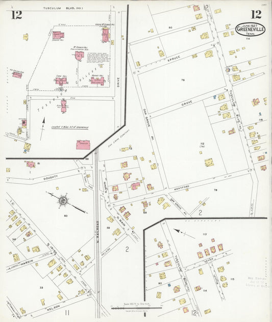 Sanborn Fire Insurance Map from Greeneville, Greene County, Tennessee (1927), Sheet #0012 - Historic Sanborn Fire Insurance Map Print, vintage old map wall art, antique decor, genealogy gift, Tennessee Tennessee map