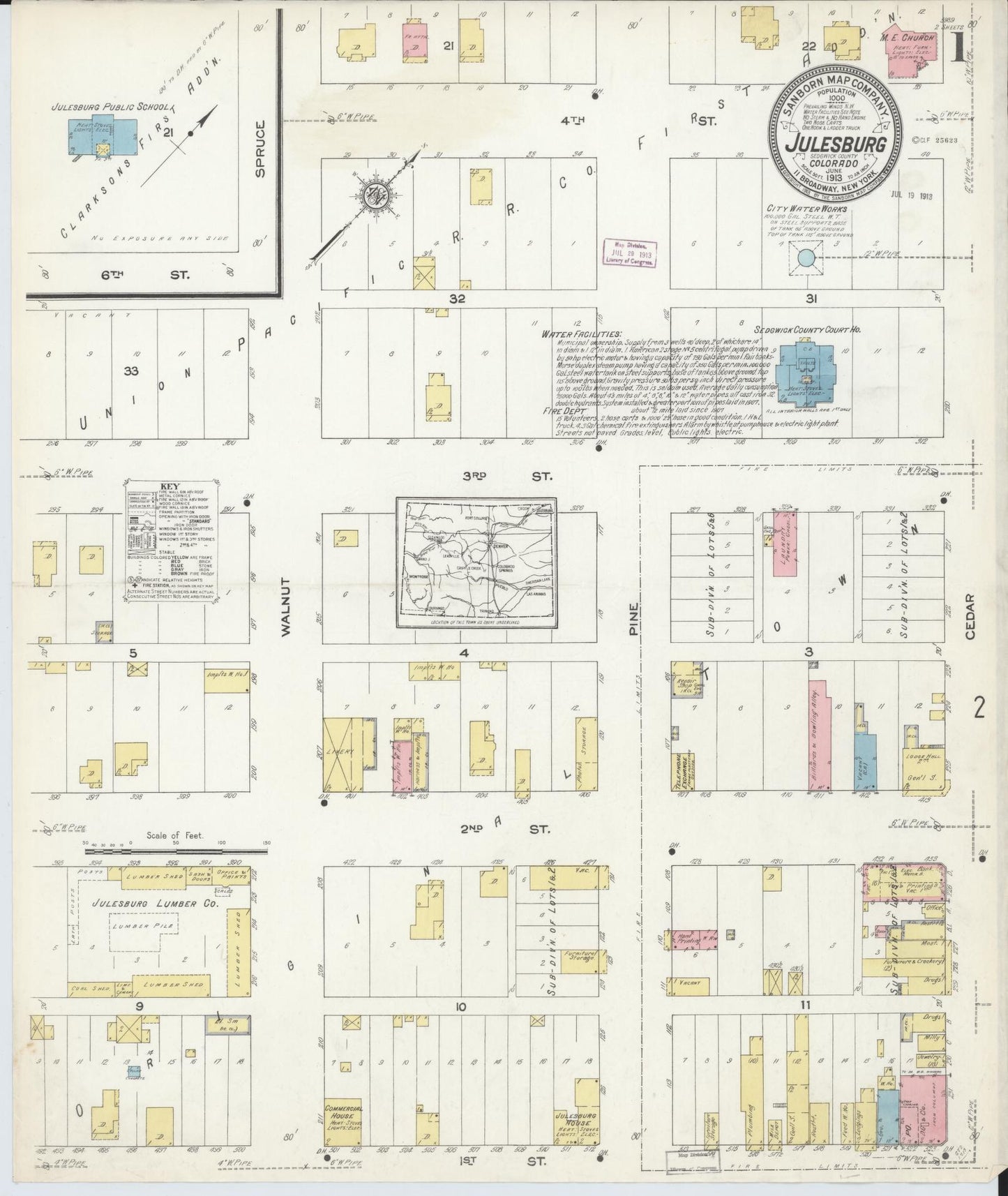 Sanborn Fire Insurance Map from Julesburg, Sedgwick County, Colorado (1913), Sheet #0001 - Complete Map Set gallery image, historic Sanborn map, vintage wall art, Colorado Colorado
