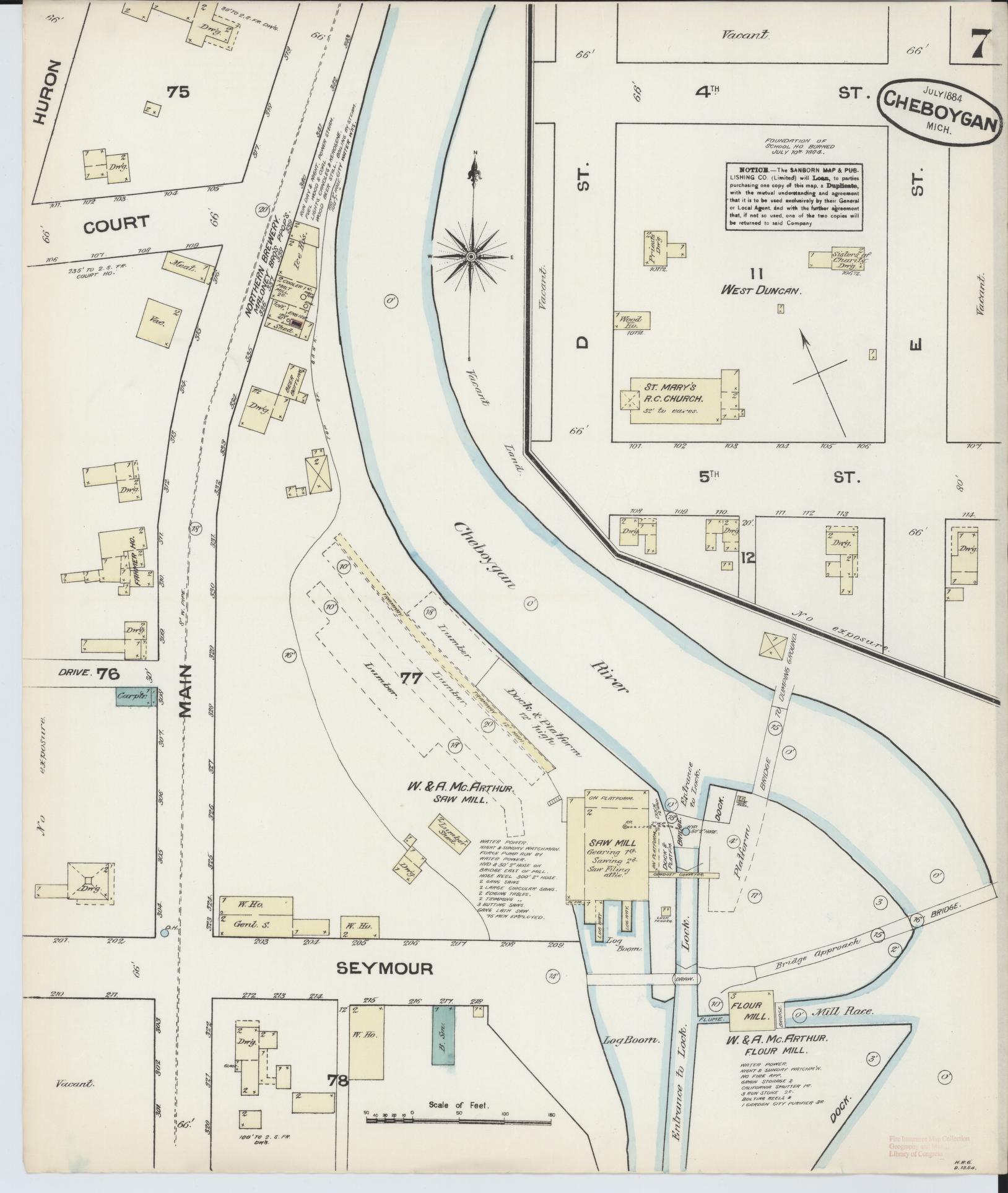 Sanborn Fire Insurance Map from Cheboygan, Cheboygan County, Michigan (1884), Sheet #0007 - Complete Map Set gallery image, historic Sanborn map, vintage wall art, Michigan Michigan