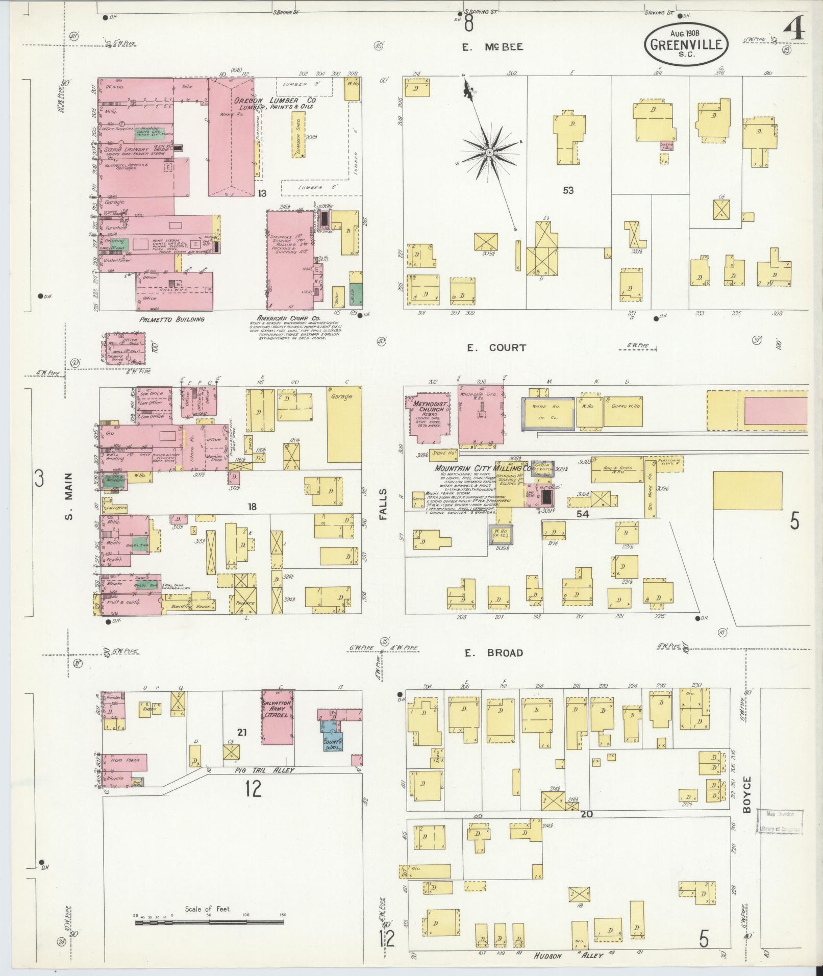 Sanborn Fire Insurance Map from Greenville, Greenville County, South Carolina (1908), Sheet #0004 - Historic Sanborn Fire Insurance Map Print, vintage old map wall art, antique decor, genealogy gift, South Carolina South Carolina map