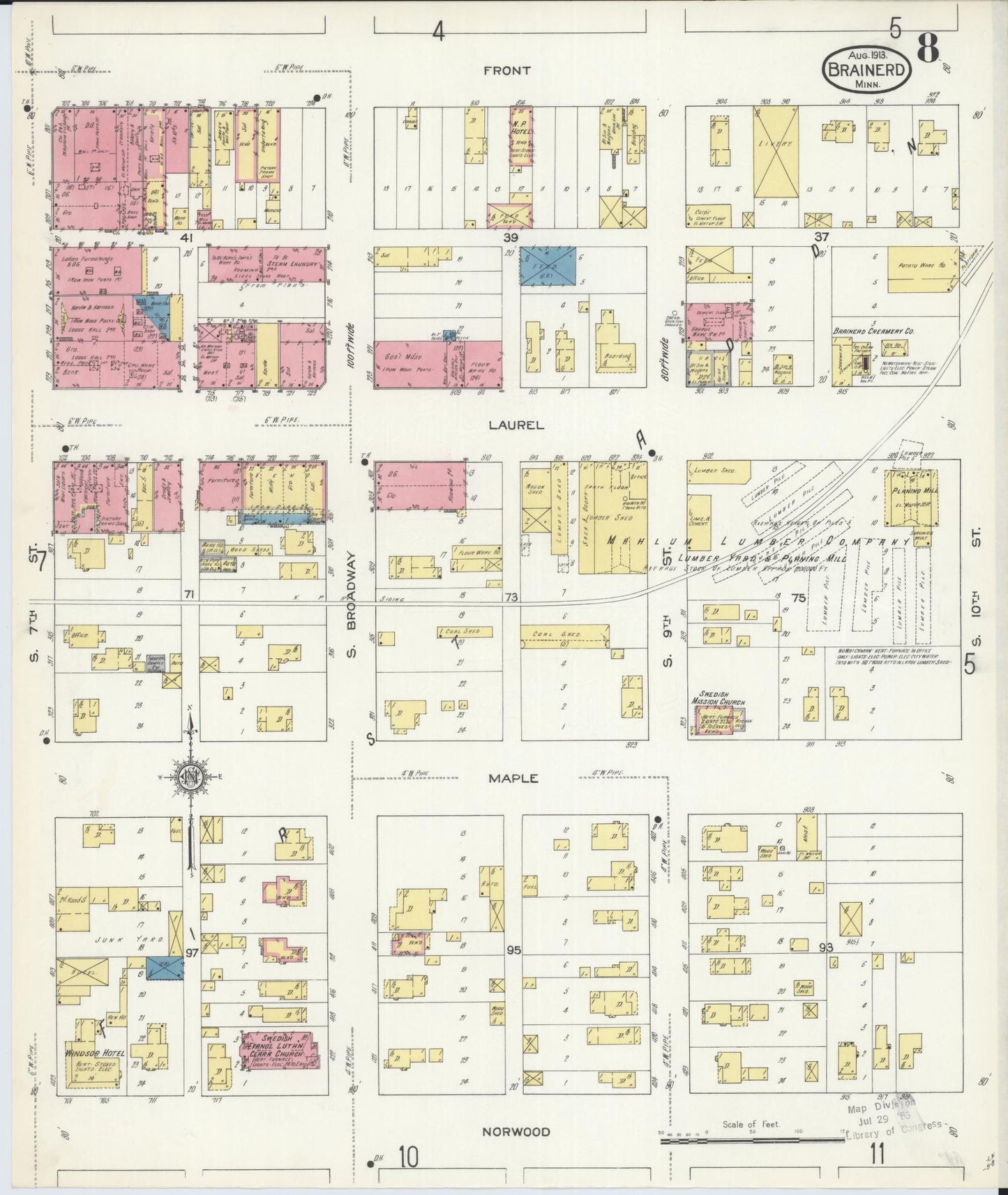 Sanborn Fire Insurance Map from Brainerd, Crow Wing County, Minnesota (1913), Sheet #0008 - Complete Map Set gallery image, historic Sanborn map, vintage wall art, Minnesota Minnesota