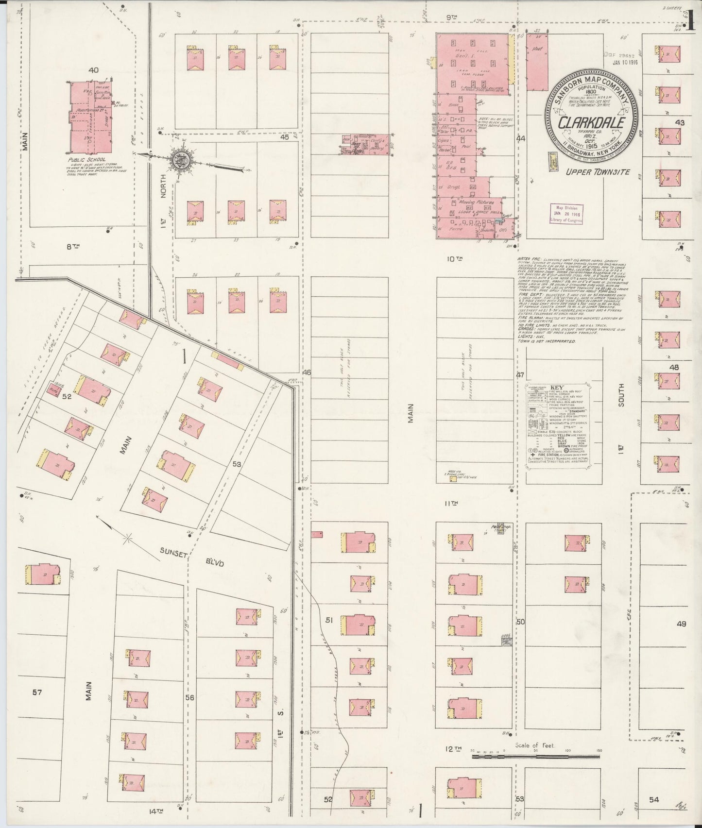 Sanborn Fire Insurance Map from Clarkdale, Yavapai County, Arizona (1915), Sheet #0001 - Historic Sanborn Fire Insurance Map Print, vintage old map wall art, antique decor, genealogy gift, Arizona Arizona map