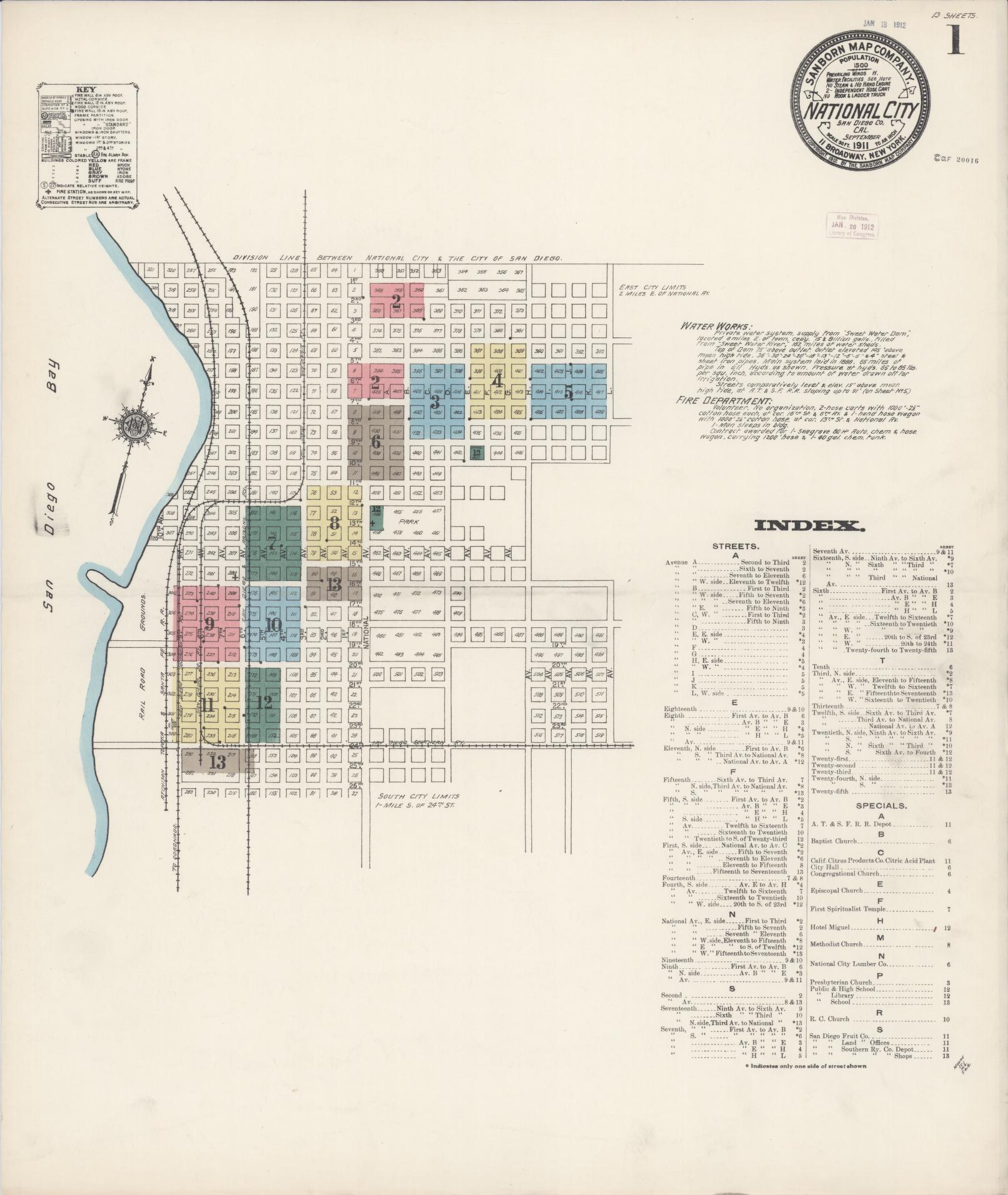 Sanborn Fire Insurance Map from National City, San Diego County, California (1911), Sheet #0001 - Complete Map Set gallery image, historic Sanborn map, vintage wall art, California California