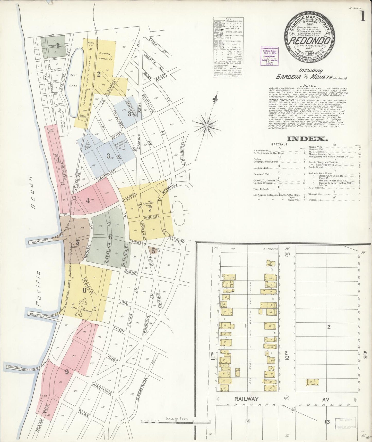 Sanborn Fire Insurance Map from Redondo Beach, Los Angeles County, California (1904), Sheet #0001 - Complete Map Set gallery image, historic Sanborn map, vintage wall art, California California