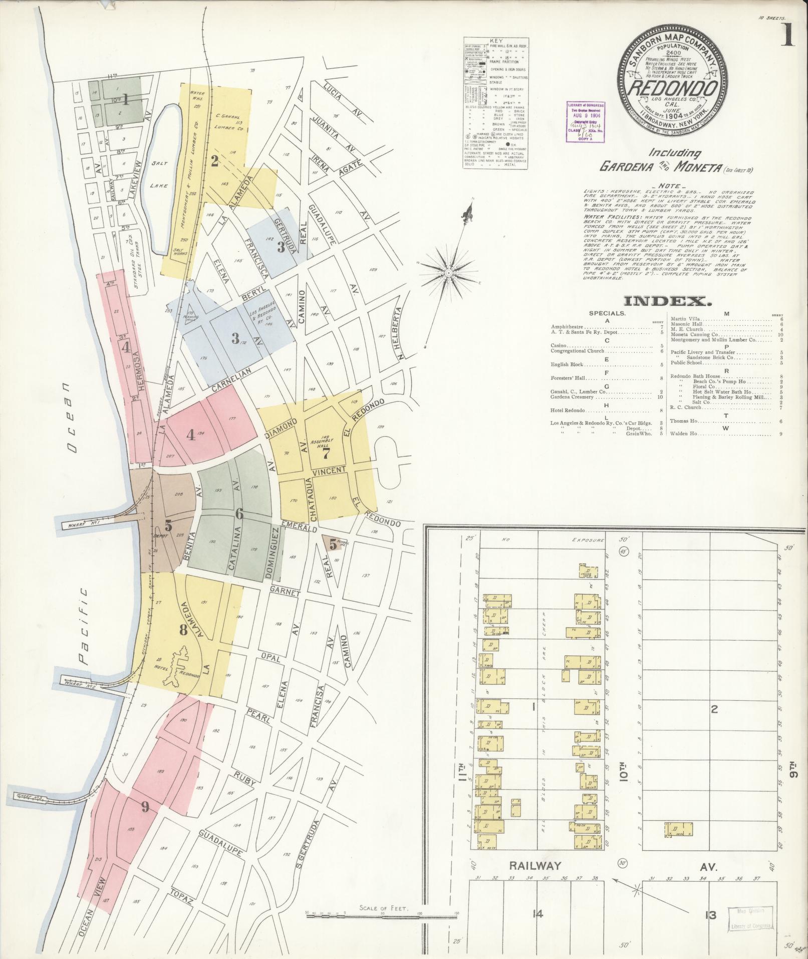 Sanborn Fire Insurance Map from Redondo Beach, Los Angeles County, California (1904), Sheet #0001 - Complete Map Set gallery image, historic Sanborn map, vintage wall art, California California