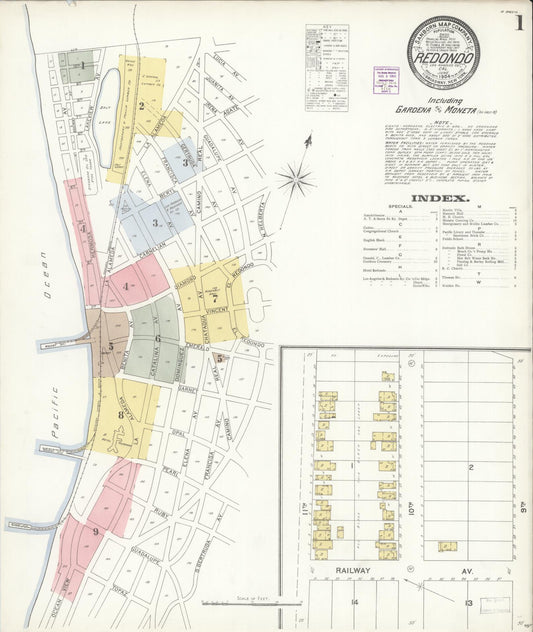 Sanborn Fire Insurance Map from Redondo Beach, Los Angeles County, California (1904), Sheet #0001 - Complete Map Set gallery image, historic Sanborn map, vintage wall art, California California