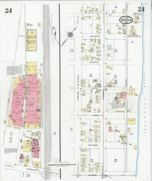 Sanborn Fire Insurance Map from Decatur, Morgan County, Alabama (1927), Sheet #0024 - Historic Sanborn Fire Insurance Map Print, vintage old map wall art, antique decor, genealogy gift, Alabama Alabama map