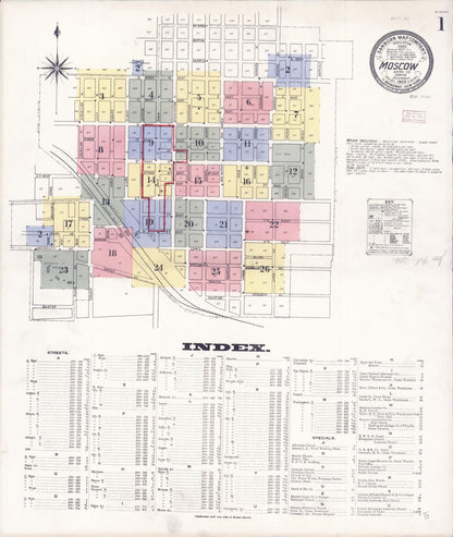 Sanborn Fire Insurance Map from Moscow, Latah County, Idaho (1909), Sheet #0001 - Complete Map Set gallery image, historic Sanborn map, vintage wall art, Idaho Idaho