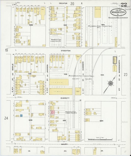 Sanborn Fire Insurance Map from Manchester, Chesterfield County, Virginia (1910), Sheet #0022 - Historic Sanborn Fire Insurance Map Print, vintage old map wall art, antique decor, genealogy gift, Virginia Virginia map