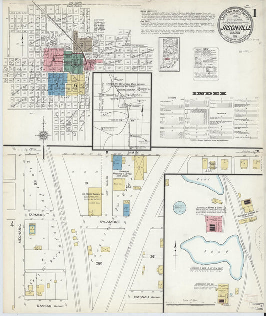 Sanborn Fire Insurance Map from Jasonville, Greene County, Indiana (1915), Sheet #0001 - Historic Sanborn Fire Insurance Map Print, vintage old map wall art, antique decor, genealogy gift, Indiana Indiana map