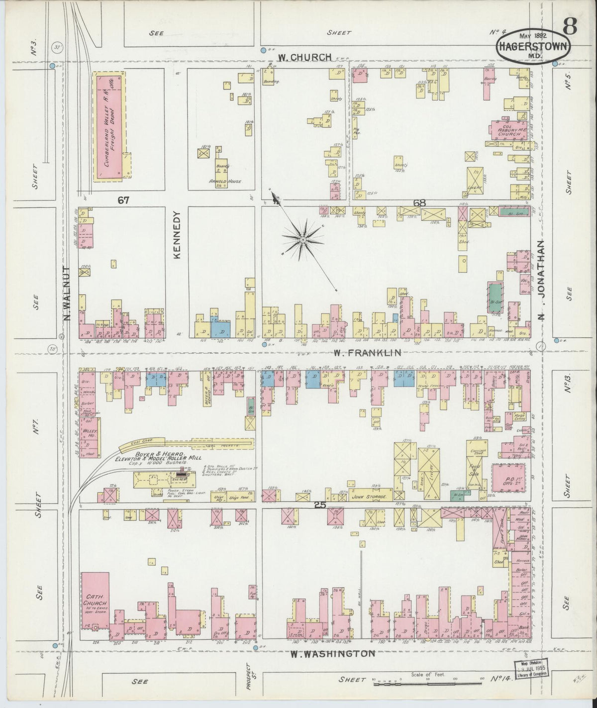 Sanborn Fire Insurance Map from Hagerstown, Washington County, Maryland (1892), Sheet #0008 - Historic Sanborn Fire Insurance Map Print, vintage old map wall art, antique decor, genealogy gift, Maryland Maryland map