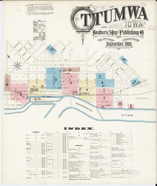Sanborn Fire Insurance Map from Ottumwa, Wapello County, Iowa (1885), Sheet #0001 - Historic Sanborn Fire Insurance Map Print, vintage old map wall art