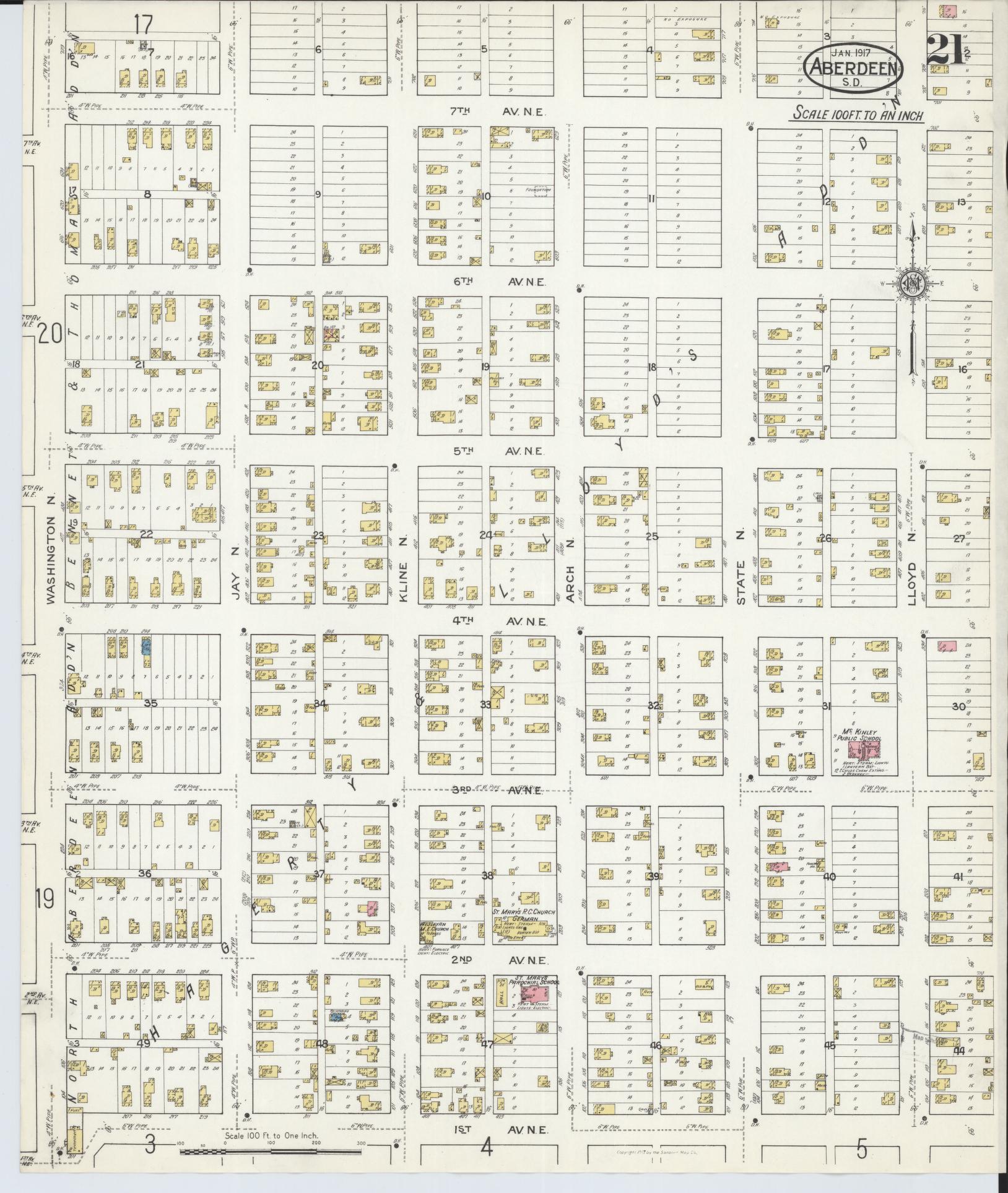 Sanborn Fire Insurance Map from Aberdeen, Brown County, South Dakota (1917), Sheet #0021 - Historic Sanborn Fire Insurance Map Print, vintage old map wall art, antique decor, genealogy gift, South Dakota South Dakota map
