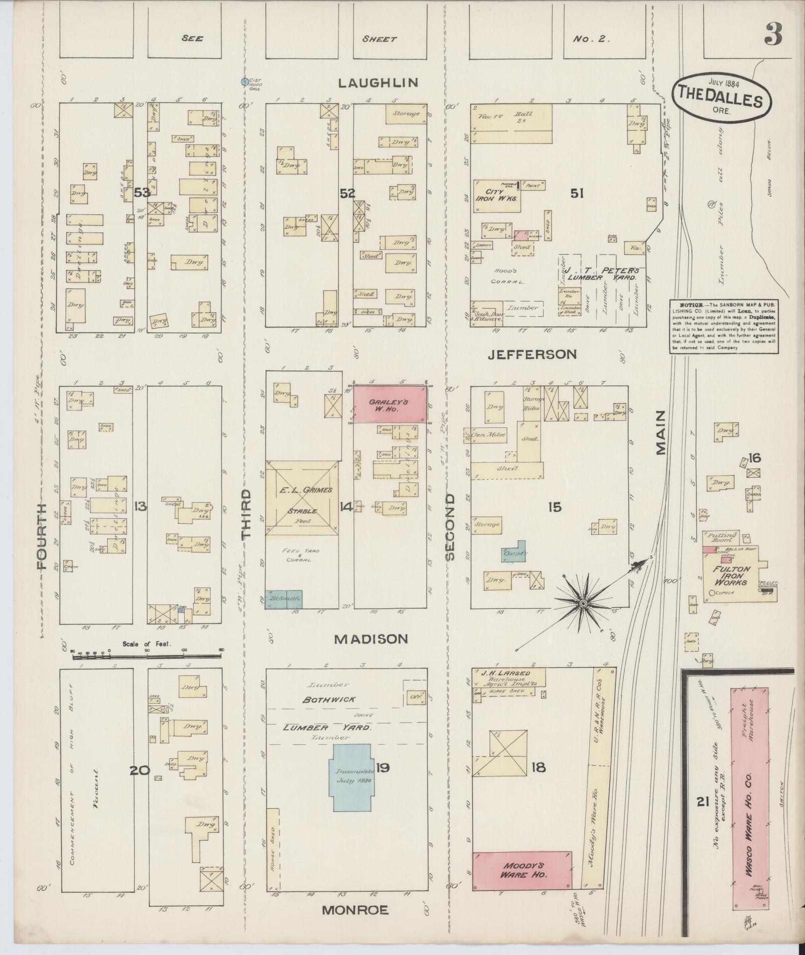 Sanborn Fire Insurance Map from The Dalles, Wasco County, Oregon (1884), Sheet #0003 - Historic Sanborn Fire Insurance Map Print, vintage old map wall art, antique decor, genealogy gift, Oregon Oregon map