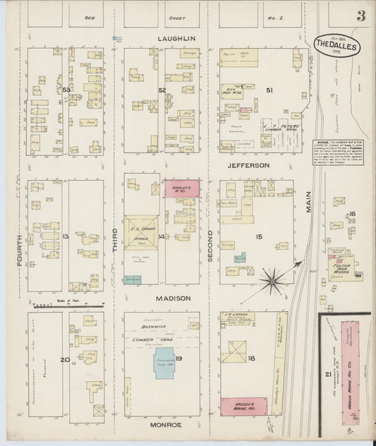 Sanborn Fire Insurance Map from The Dalles, Wasco County, Oregon (1884), Sheet #0003 - Historic Sanborn Fire Insurance Map Print, vintage old map wall art, antique decor, genealogy gift, Oregon Oregon map