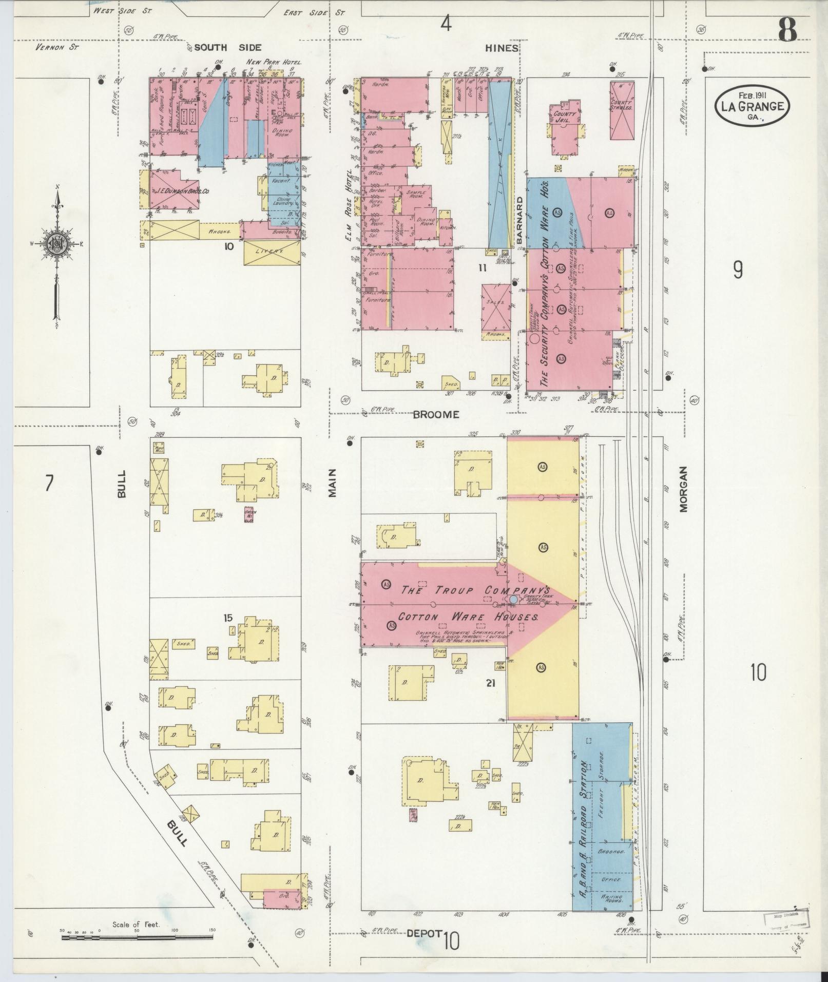 Sanborn Fire Insurance Map from La Grange, Troup County, Georgia (1911), Sheet #0008 - Historic Sanborn Fire Insurance Map Print, vintage old map wall art, antique decor, genealogy gift, Georgia Georgia map