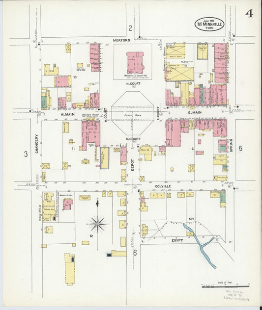 Sanborn Fire Insurance Map from McMinnville, Warren County, Tennessee (1907), Sheet #0004 - Historic Sanborn Fire Insurance Map Print, vintage old map wall art, antique decor, genealogy gift, Tennessee Tennessee map
