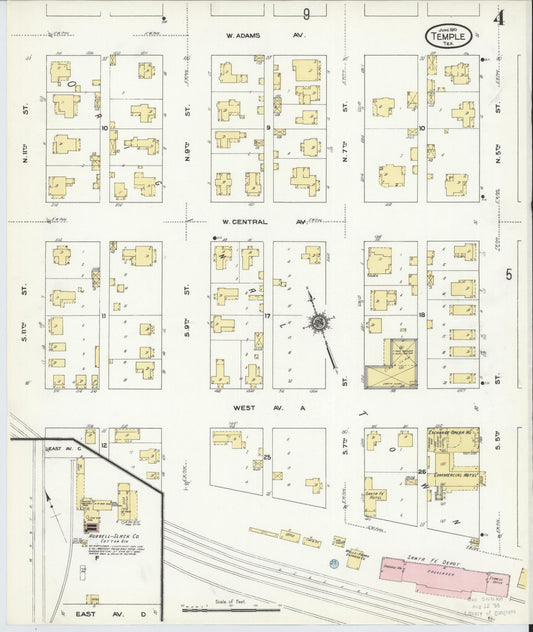 Sanborn Fire Insurance Map from Temple, Bell County, Texas (1910), Sheet #0004 - Historic Sanborn Fire Insurance Map Print, vintage old map wall art, antique decor, genealogy gift, Texas Texas map