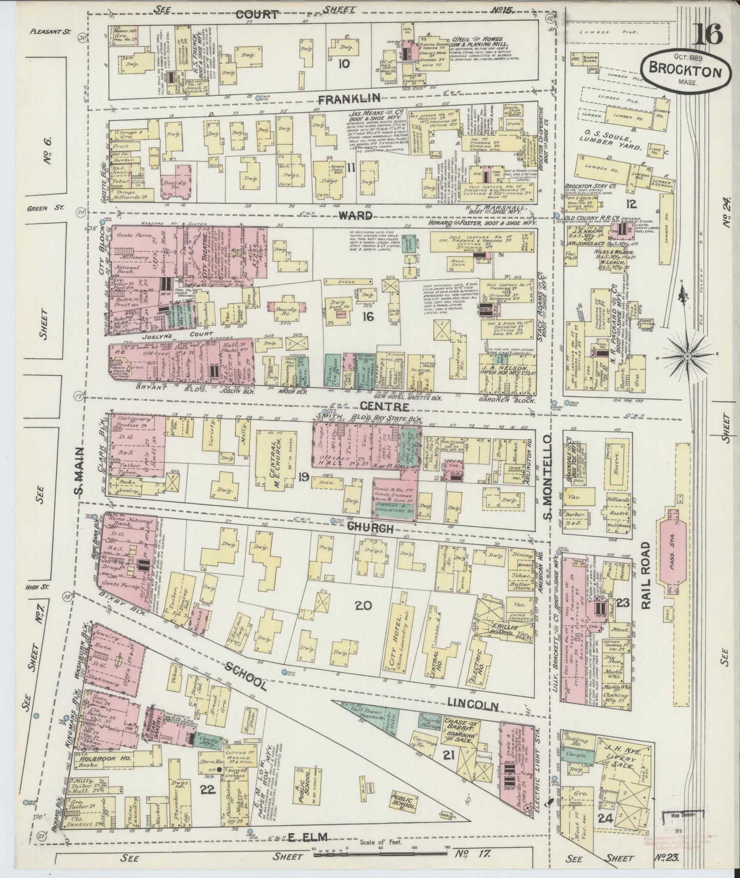 Sanborn Fire Insurance Map from Brockton, Plymouth County, Massachusetts (1889), Sheet #0016 - Historic Sanborn Fire Insurance Map Print, vintage old map wall art, antique decor, genealogy gift, Massachusetts Massachusetts map