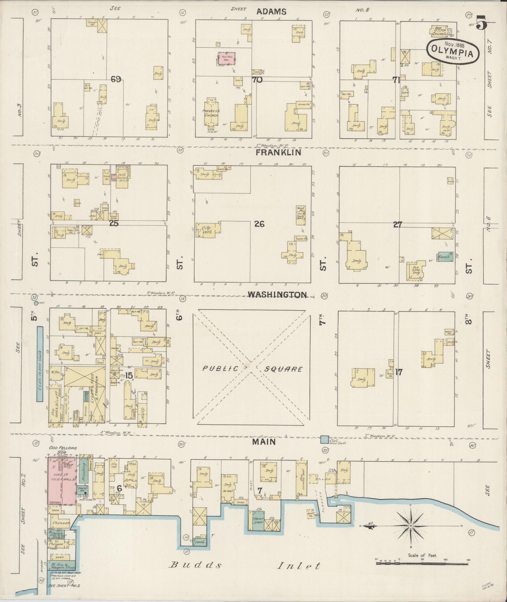 Sanborn Fire Insurance Map from Olympia, Thurston County, Washington (1888), Sheet #0005 - Complete Map Set gallery image, historic Sanborn map, vintage wall art, Washington Washington