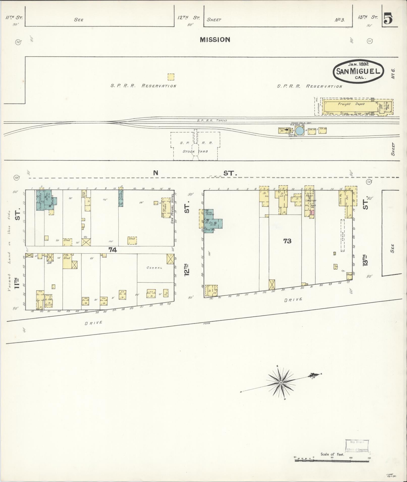Sanborn Fire Insurance Map from San Miguel, San Luis Obispo County, California (1892), Sheet #0005 - Complete Map Set gallery image, historic Sanborn map, vintage wall art, California California