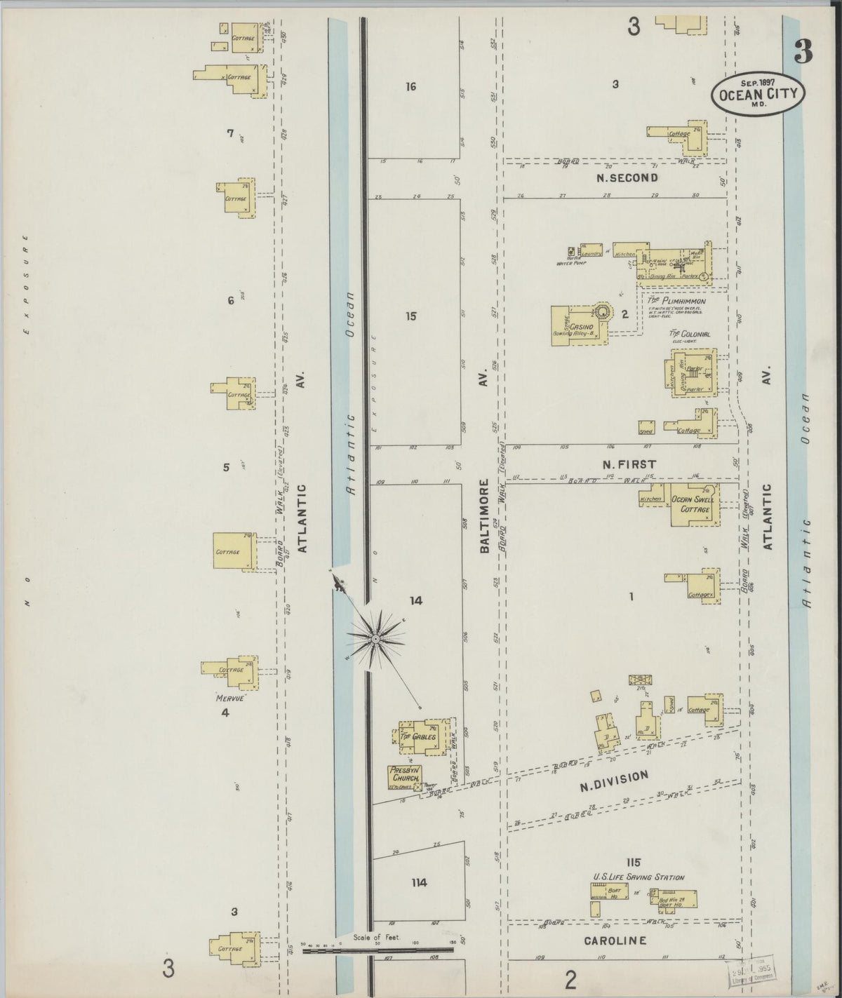 Sanborn Fire Insurance Map from Ocean City, Worcester County, Maryland (1897), Sheet #0003 - Historic Sanborn Fire Insurance Map Print, vintage old map wall art, antique decor, genealogy gift, Maryland Maryland map