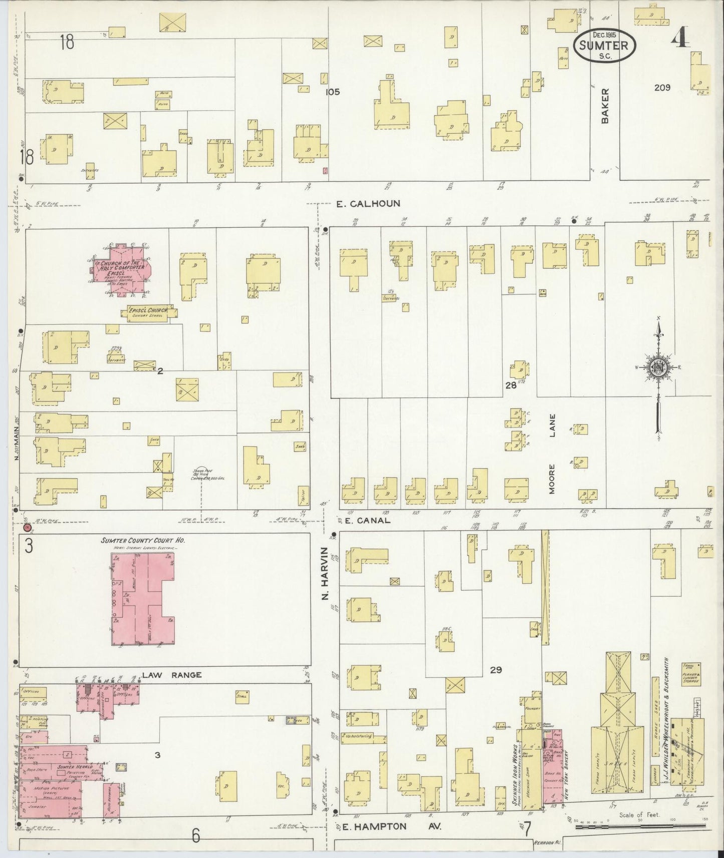 Sanborn Fire Insurance Map from Sumter, Sumter County, South Carolina (1915), Sheet #0004 - Historic Sanborn Fire Insurance Map Print, vintage old map wall art, antique decor, genealogy gift, South Carolina South Carolina map