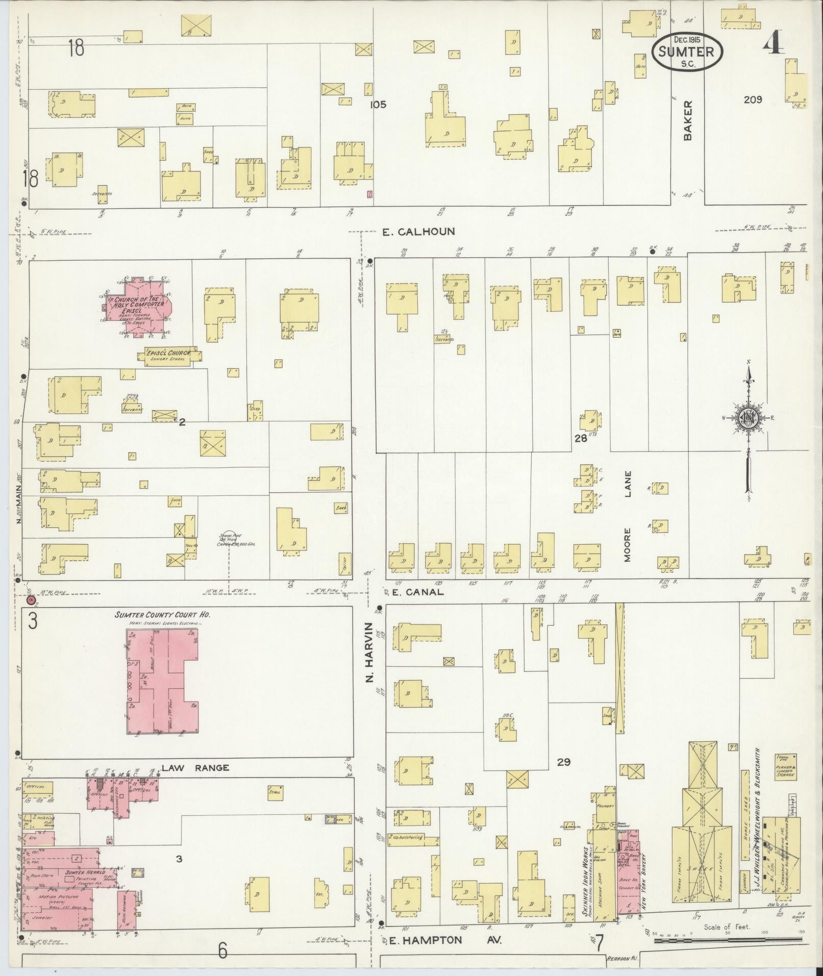 Sanborn Fire Insurance Map from Sumter, Sumter County, South Carolina (1915), Sheet #0004 - Historic Sanborn Fire Insurance Map Print, vintage old map wall art, antique decor, genealogy gift, South Carolina South Carolina map