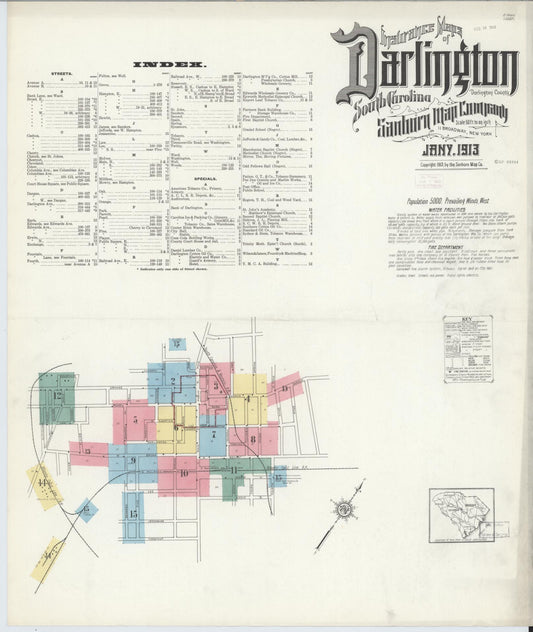 Sanborn Fire Insurance Map from Darlington, Darlington County, South Carolina (1913), Sheet #0001 - Historic Sanborn Fire Insurance Map Print, vintage old map wall art, antique decor, genealogy gift, South Carolina South Carolina map