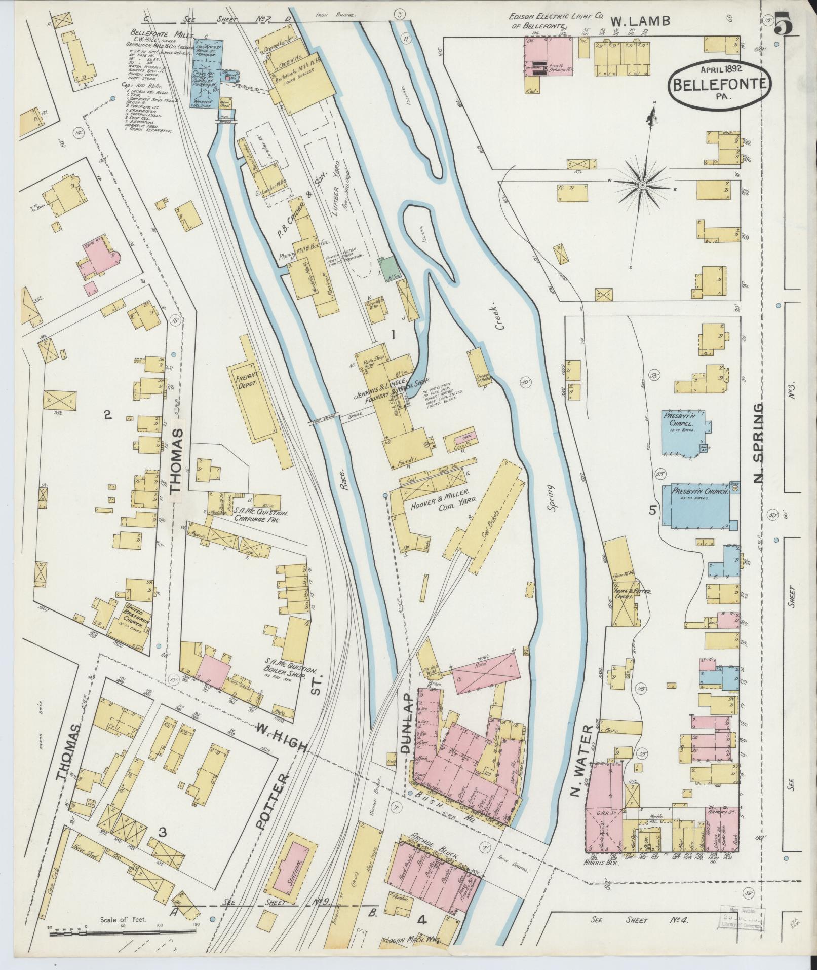 Sanborn Fire Insurance Map from Bellefonte, Centre County, Pennsylvania (1892), Sheet #0005 - Historic Sanborn Fire Insurance Map Print, vintage old map wall art, antique decor, genealogy gift, Pennsylvania Pennsylvania map
