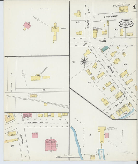 Sanborn Fire Insurance Map from Allegan, Allegan County, Michigan (1893), Sheet #0004 - Historic Sanborn Fire Insurance Map Print, vintage old map wall art, antique decor, genealogy gift, Michigan Michigan map
