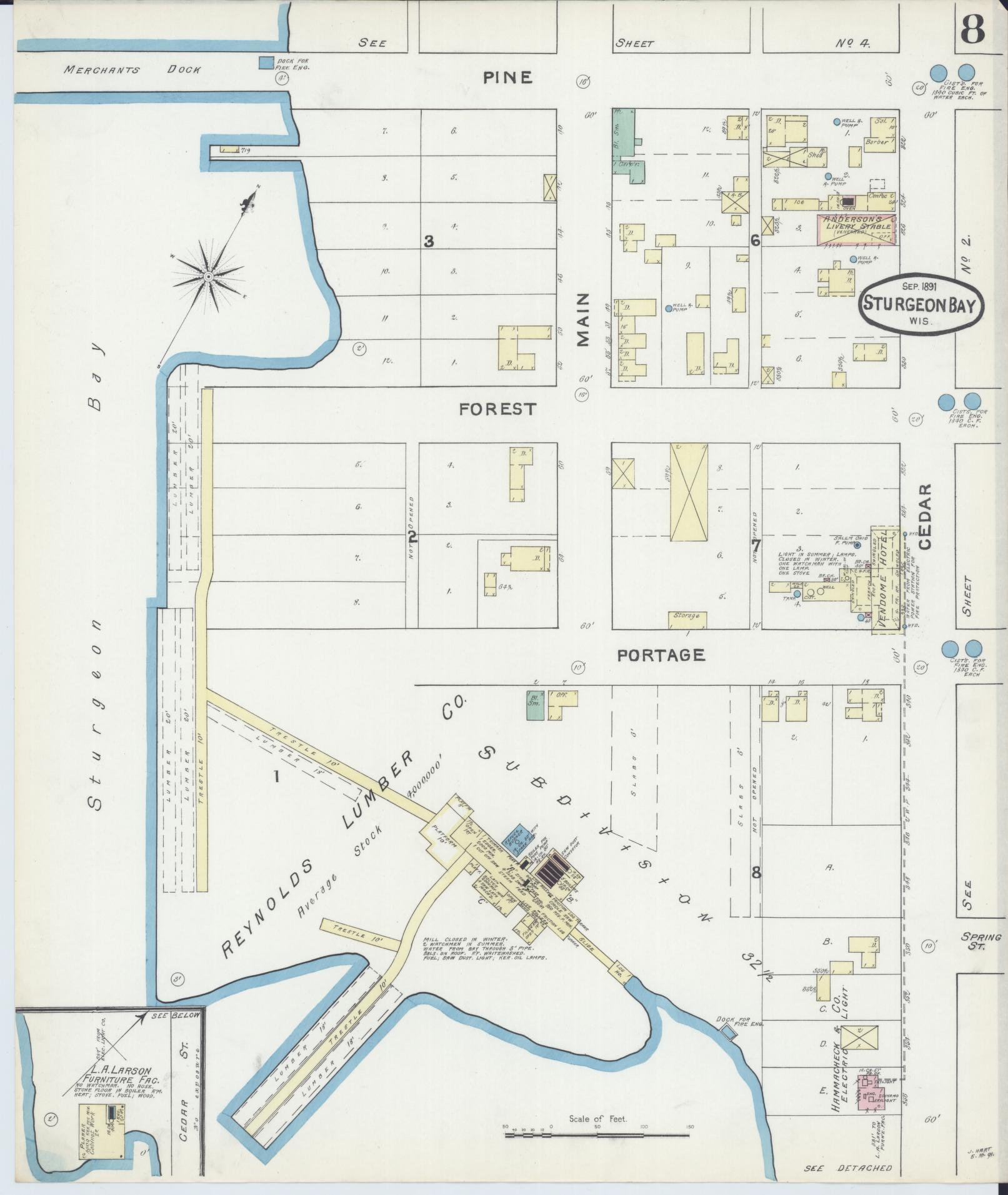 Sanborn Fire Insurance Map from Sturgeon Bay, Door County, Wisconsin (1891), Sheet #0008 - Historic Sanborn Fire Insurance Map Print, vintage old map wall art, antique decor, genealogy gift, Wisconsin Wisconsin map
