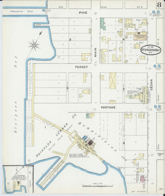 Sanborn Fire Insurance Map from Sturgeon Bay, Door County, Wisconsin (1891), Sheet #0008 - Historic Sanborn Fire Insurance Map Print, vintage old map wall art, antique decor, genealogy gift, Wisconsin Wisconsin map
