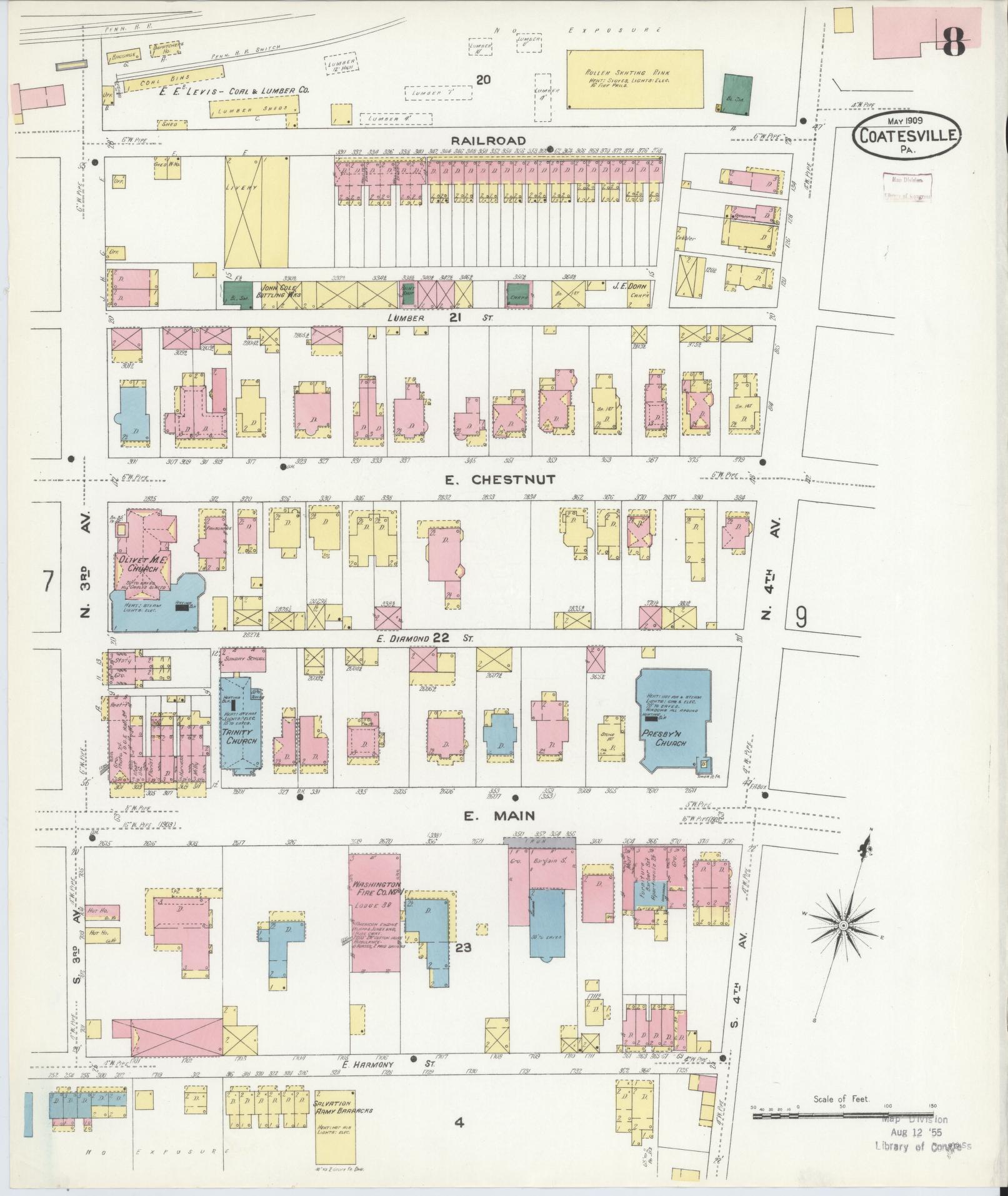 Sanborn Fire Insurance Map from Coatesville, Chester County, Pennsylvania (1909), Sheet #0008 - Historic Sanborn Fire Insurance Map Print, vintage old map wall art, antique decor, genealogy gift, Pennsylvania Pennsylvania map