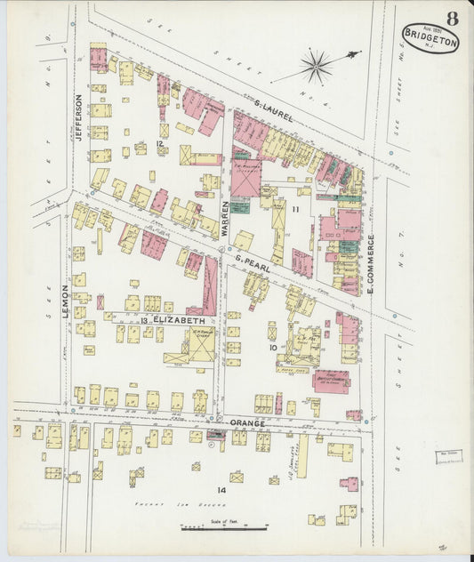 Sanborn Fire Insurance Map from Bridgeton, Cumberland County, New Jersey (1891), Sheet #0008 - Historic Sanborn Fire Insurance Map Print, vintage old map wall art, antique decor, genealogy gift, New Jersey New Jersey map