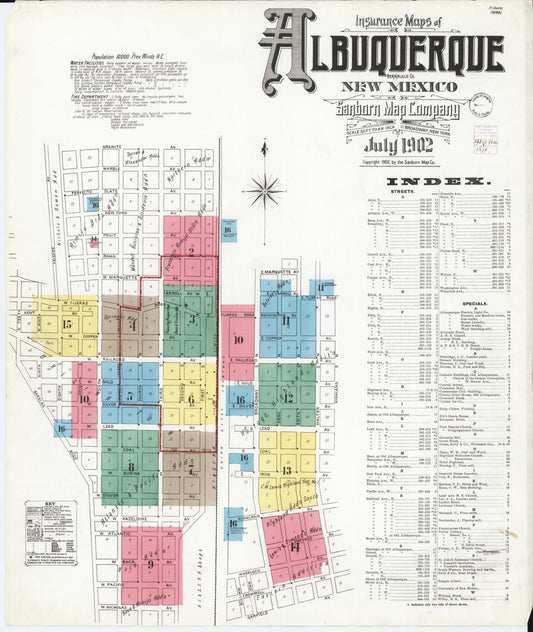 Sanborn Fire Insurance Map from Albuquerque, Bernalillo County, New Mexico (1902), Sheet #0001 - Historic Sanborn Fire Insurance Map Print, vintage old map wall art, antique decor, genealogy gift, New Mexico New Mexico map
