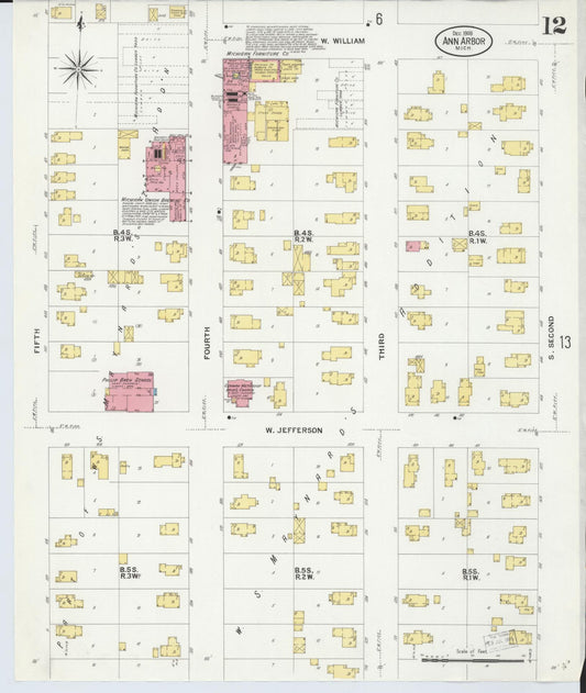 Sanborn Fire Insurance Map from Ann Arbor, Washtenaw County, Michigan (1908), Sheet #0012 - Historic Sanborn Fire Insurance Map Print, vintage old map wall art, antique decor, genealogy gift, Michigan Michigan map