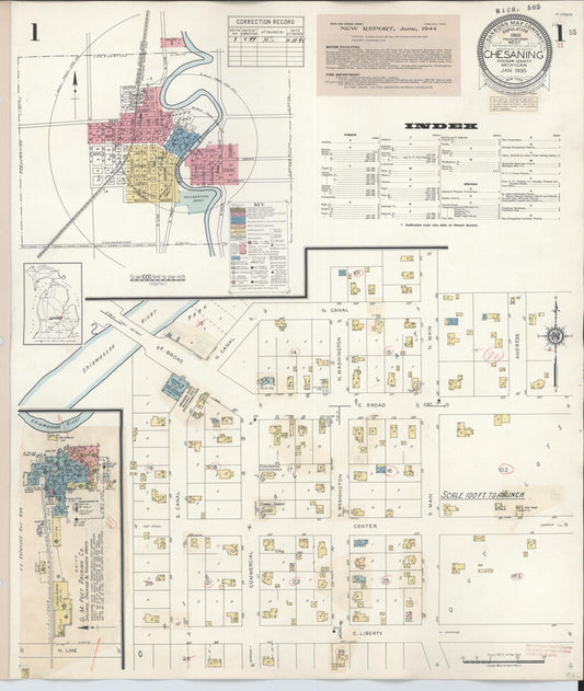 Sanborn Fire Insurance Map from Chesaning, Saginaw County, Michigan (1944), Sheet #0001 - Complete Map Set gallery image, historic Sanborn map, vintage wall art, Michigan Michigan