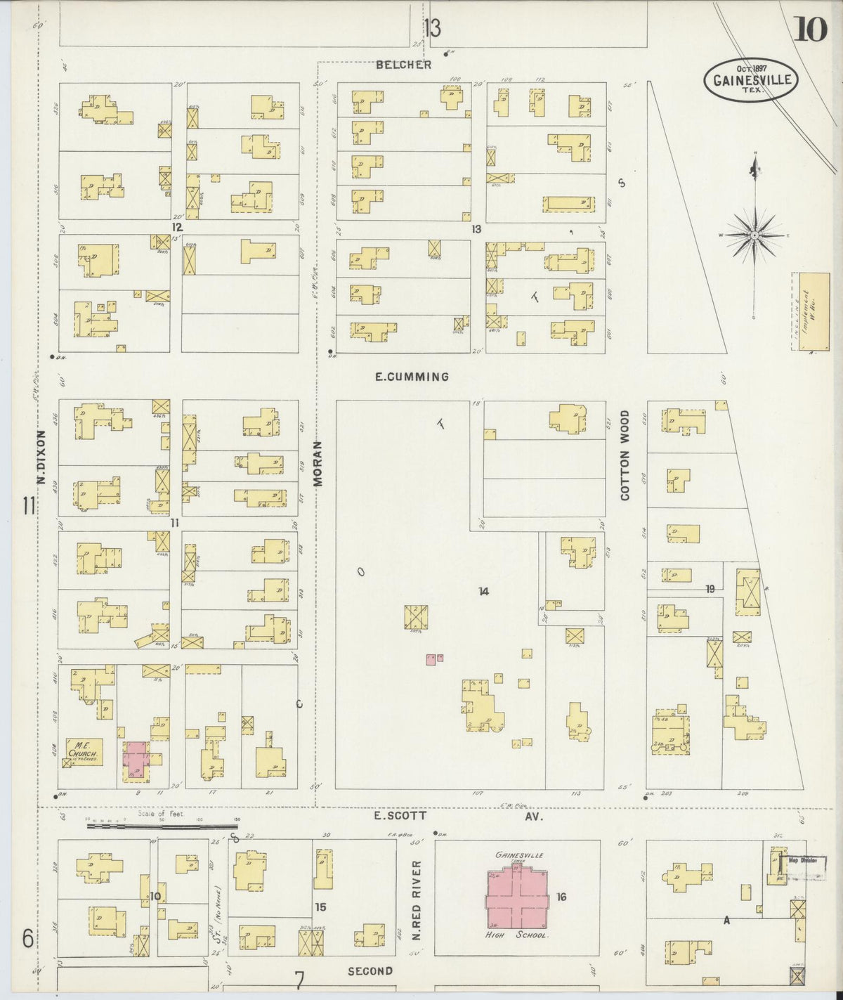 Sanborn Fire Insurance Map from Gainesville, Cooke County, Texas (1897), Sheet #0010 - Historic Sanborn Fire Insurance Map Print, vintage old map wall art, antique decor, genealogy gift, Texas Texas map