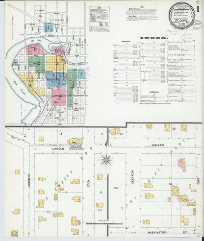 Sanborn Fire Insurance Map from Saint Louis, Gratiot County, Michigan (1899), Sheet #0001 - Historic Sanborn Fire Insurance Map Print, vintage old map wall art, antique decor, genealogy gift, Michigan Michigan map