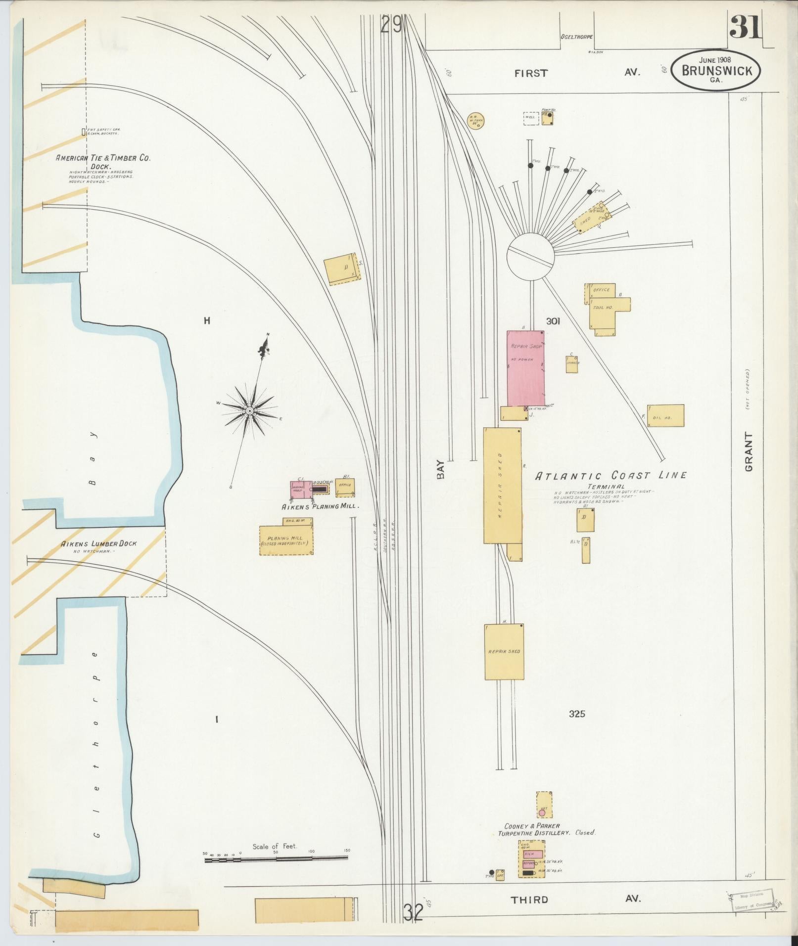 Sanborn Fire Insurance Map from Brunswick, Glynn County, Georgia (1908), Sheet #0031 - Complete Map Set gallery image, historic Sanborn map, vintage wall art, Georgia Georgia