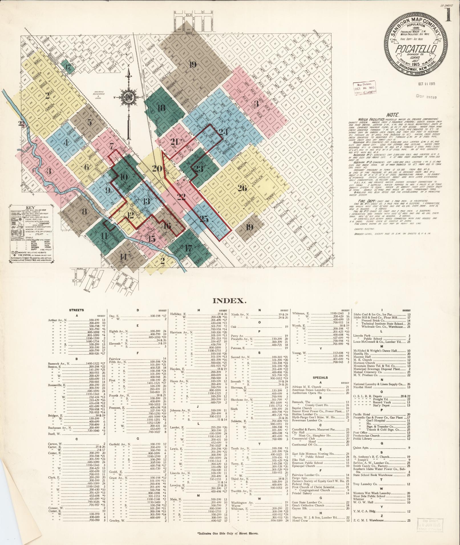 Sanborn Fire Insurance Map from Pocatello, Bannock County, Idaho (1915), Sheet #0001 - Complete Map Set gallery image, historic Sanborn map, vintage wall art, Idaho Idaho