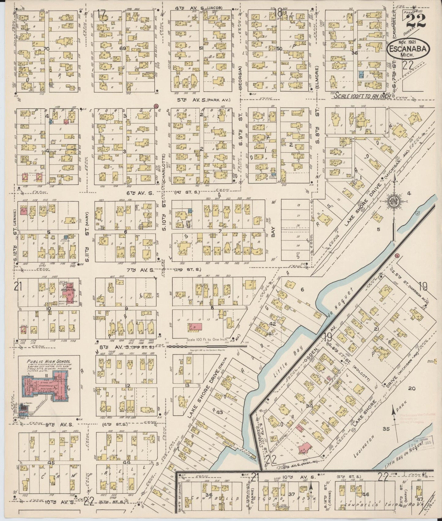 Sanborn Fire Insurance Map from Escanaba, Delta County, Michigan (1921), Sheet #0022 - Historic Sanborn Fire Insurance Map Print, vintage old map wall art, antique decor, genealogy gift, Michigan Michigan map
