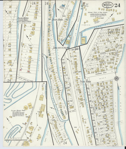 Sanborn Fire Insurance Map from Monroe, Monroe County, Michigan (1916), Sheet #0024 - Historic Sanborn Fire Insurance Map Print, vintage old map wall art, antique decor, genealogy gift, Michigan Michigan map