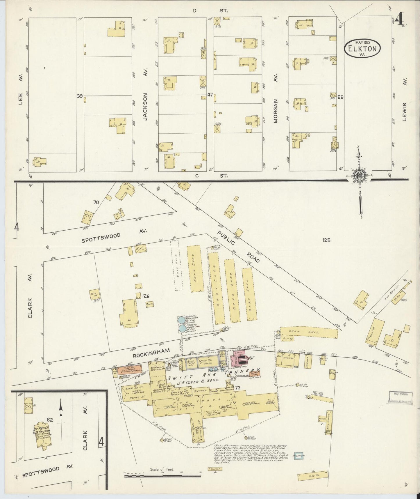 Sanborn Fire Insurance Map from Elkton, Rockingham County, Virginia (1913), Sheet #0004 - Historic Sanborn Fire Insurance Map Print, vintage old map wall art, antique decor, genealogy gift, Virginia Virginia map